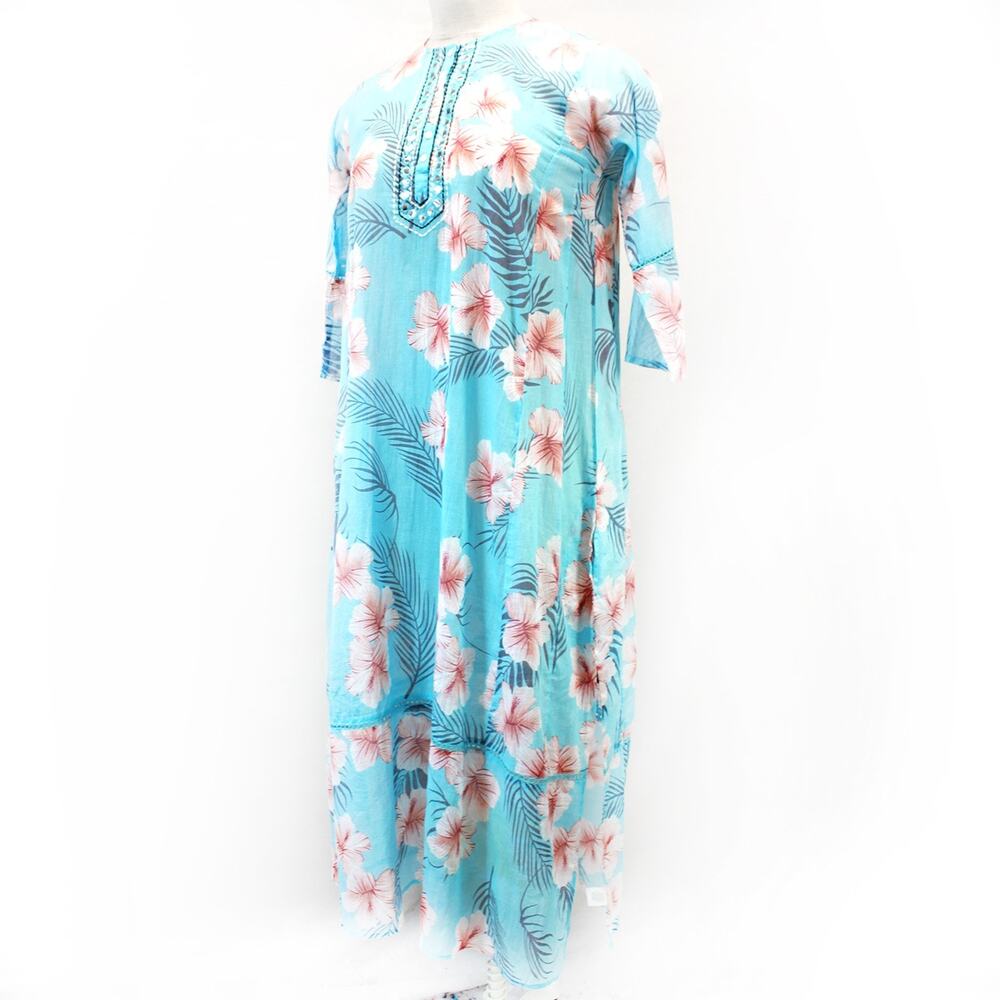 Debbie Katz Blue Tropical Print Maxi Shirt Dress Resort Beach Button Medium